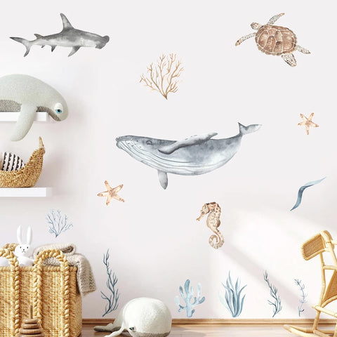 Cartoon Whale & Turtle Vinyl Wall Decals for Kids' Nursery Décor